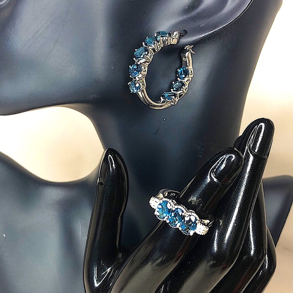 Blue Spinel Hoop Earrings & Ring Set Sz 8 Electroplated Rhodium Sterling Silver - Picture 3 of 17